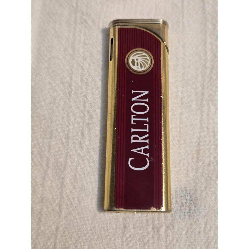 Carlton Gold Tone Red Enamel Advertising Cigarette Lighter Vintage Tobacco